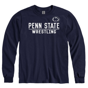 navy long sleeve t-shirt with white Athletic Logo and Penn State Wrestling